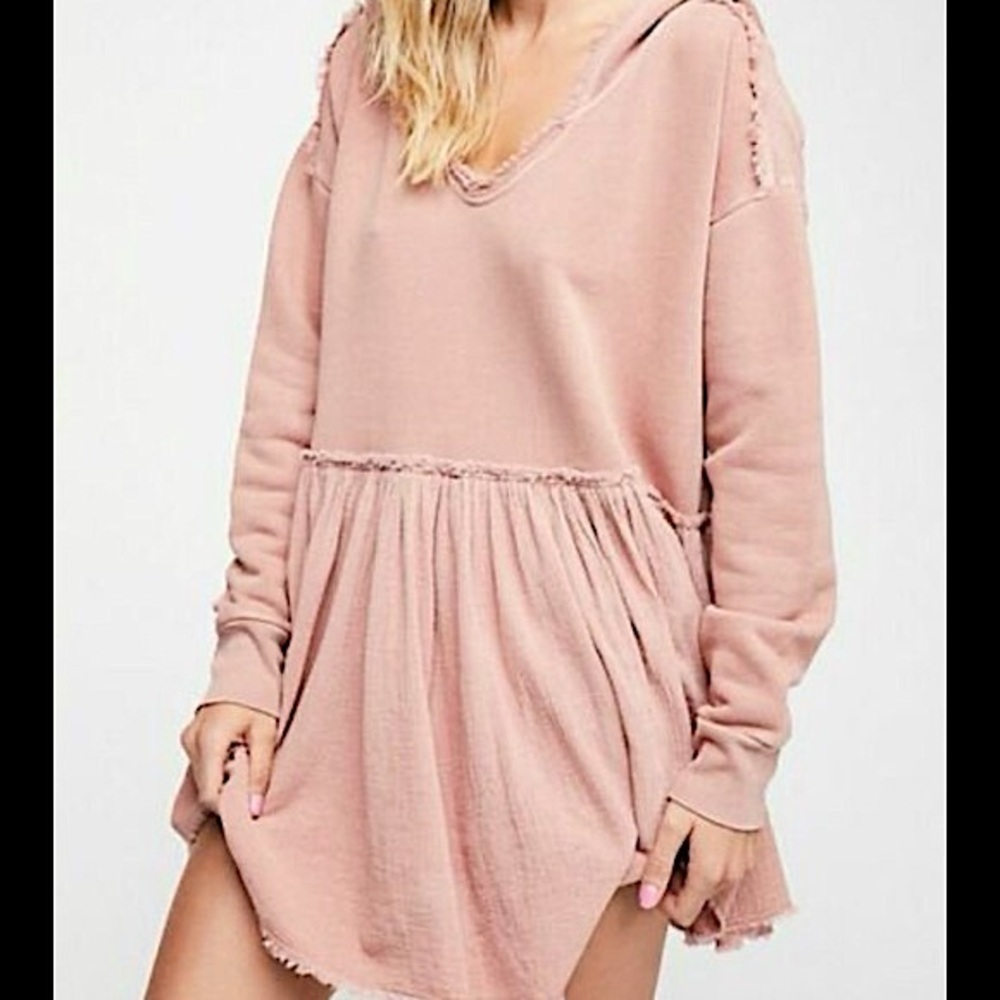 Free People Blush Pink Long Sleeve Hoodie Sweater Dress